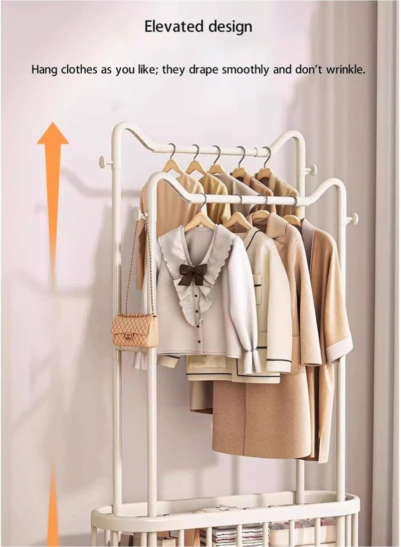 رف ملابس متين ذو عمودين مزود بعجلات قابلة للقفل، وتصميم خطاف على شكل أذن قطة، وسلة معدنية؛ مناسب لغرف النوم وغرف المعيشة والمساحات التجارية. - Image 4